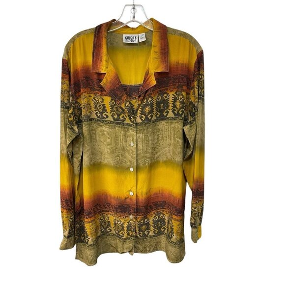 Vtg Chicos Silk Button Up Shirt Yellow Red Tribal Aztec Tunic Long Sleeve Sz 2 M - Picture 1 of 6